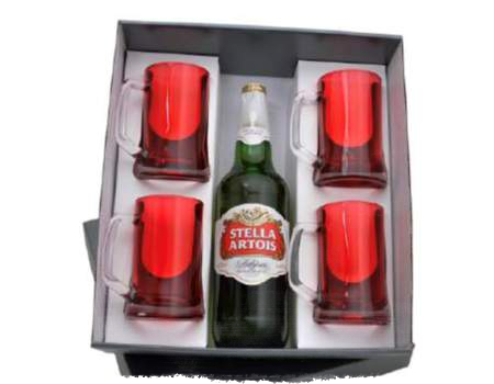 Set de 4 Chopps 350 cc rojo con caja y cerveza a elección
