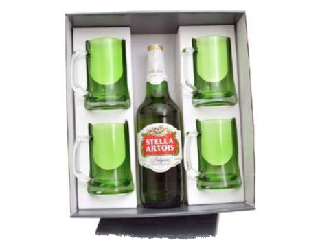 Set de 4 Chopps 350 cc verde con caja y cerveza a elección